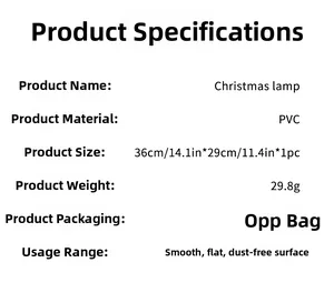 Technical specifications of PVC Christmas lamp sticker with dimensions 36x29cm and weight 29.8g