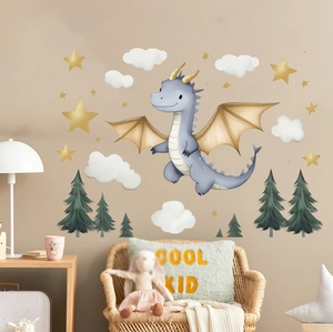 Cute watercolor dinosaur wall stickers with blue dragon stars and clouds for kids' rooms