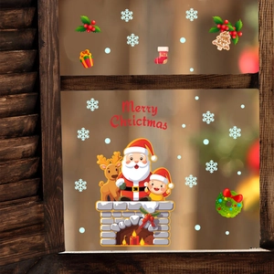 Autocollants de Noël pour fenêtres avec Père Noël, rennes et cadeaux sur vitre en bois