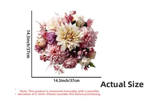 Detailed size chart of faux flower bouquet with pink dahlia and roses at 14.5 inches wide