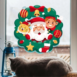 Sticker Mural en PVC Père Noël et Renne de Noël Dessin Animé Autocollant de Fenêtre Merry Christmas Décoration de Fête