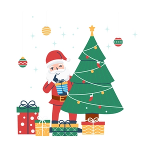 Adesivo natalizio per finestre con Babbo Natale e albero con pacchi regalo colorati