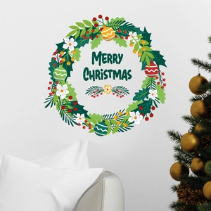 Detail of Merry Christmas wreath wall sticker with colorful baubles and green leaves