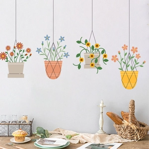 Self-adhesive PVC wall stickers with four colorful hanging potted plant designs for home decor