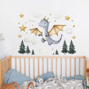 Cute Cartoon Dinosaur Wall Stickers With Gold Stars White Clouds Pine Trees Watercolor PVC Decals For Kids Nursery Bedroom Decor
