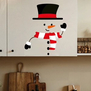 Detail of DIY snowman wall stickers set with hat and red scarf for Christmas home decor