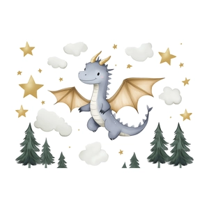 Cute flying dragon wall decals with clouds and golden stars for nursery room decor
