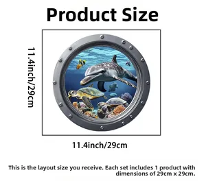 Size chart showing 29cm circular 3D ocean world wall sticker with dolphin and sea turtle