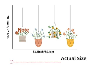 Detail showing dimensions of 4-piece hanging plant wall decals in colorful flower pots