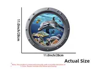 Detail view of round 3D ocean porthole wall decal with dolphin and turtle, 28cm diameter