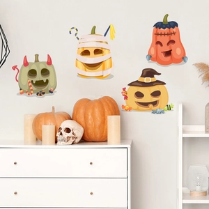 Detailed view of Halloween pumpkin wall stickers in a cozy home interior setting