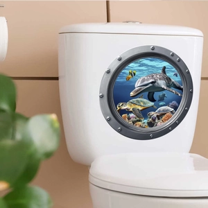 3D submarine porthole wall sticker with ocean dolphins and sea turtles for bathroom decor
