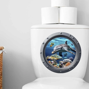 3D ocean submarine window sticker featuring a dolphin and turtles for bathroom wall