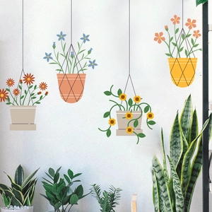 Four sets of hanging potted flower wall stickers with colorful 2D floral illustrations