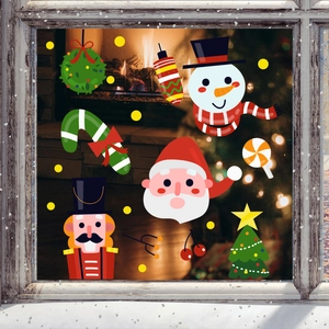 Christmas window stickers set featuring Santa, snowman, and tree on festive glass background