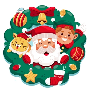 Stickers muraux Noël avec Père Noël, chat et elfe disposés en couronne de fête
