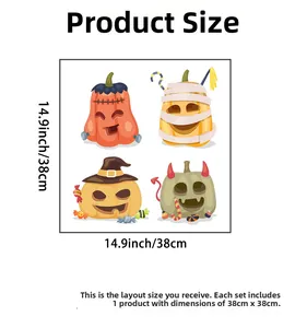 Detailed size chart for 38cm Halloween pumpkin wall stickers with cartoon designs
