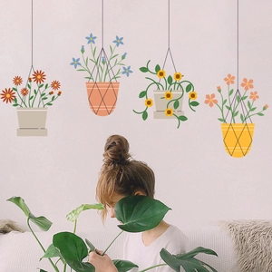 Set of 4 hanging potted plant wall stickers with colorful daisy and sunflower designs
