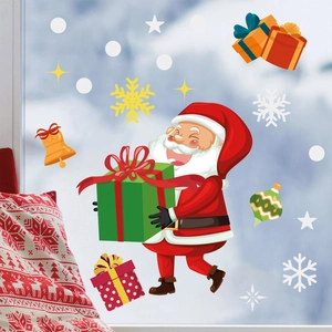 Christmas window sticker showing Santa Claus with gifts and snowflakes on glass