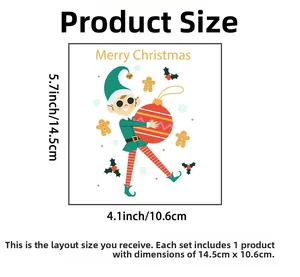 Christmas elf sticker for light switch showing dimensions of 14.5 by 10.6 centimeters