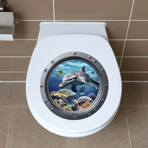Detailed 3D submarine window toilet lid decal featuring realistic dolphins and turtles