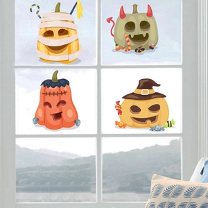 Set of four Halloween pumpkin window stickers featuring mummy and witch designs for home decor