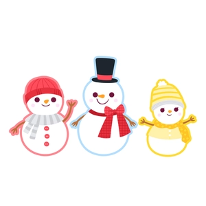 Three festive Christmas snowman stickers with colorful hats and scarves for holiday decor