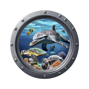 3D porthole wall decal featuring swimming dolphin, sea turtles and coral reef scenery