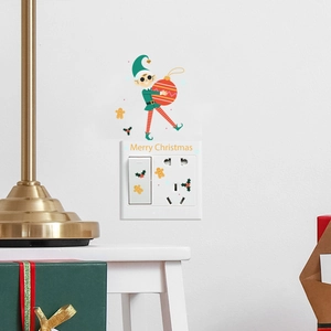 Christmas switch wall stickers with cartoon elves, gingerbread man and Merry Christmas text