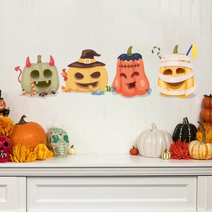 Set of four Halloween pumpkin wall stickers with ghost faces for home holiday decoration