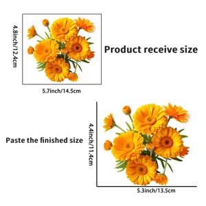 Detail view of yellow floral toilet stickers with precise dimensions for bathroom decor