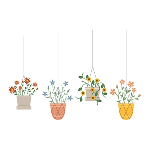 Flat vector wall decals featuring four different hanging potted plants in floral designs