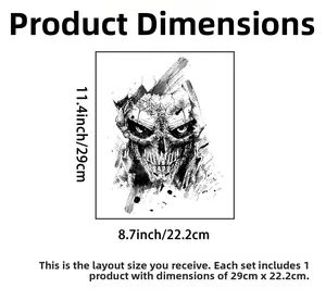 Detailed size chart showing dimensions of the 29x22.2cm skull toilet wall sticker