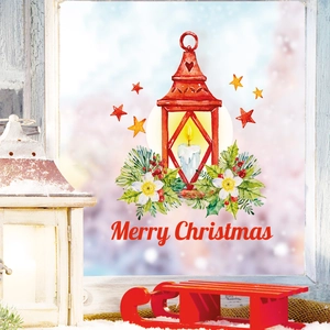 Detail of Christmas window sticker featuring a red vintage lantern and Merry Christmas text