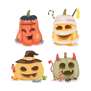 Cartoon Halloween pumpkin stickers featuring mummy, witch, and devil designs for home decor