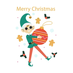 Merry Christmas wall sticker featuring a cartoon elf holding a large red ornament
