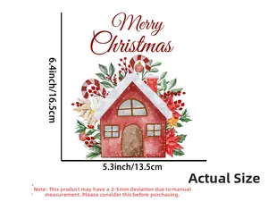Detail showing Christmas snowy house sticker with dimensions 16.5cm height and 13.5cm width