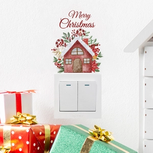 Festive red Christmas house light switch sticker with Merry Christmas text for wall decor
