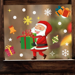 Detail view of Santa Claus window stickers with snowflakes and festive gift patterns