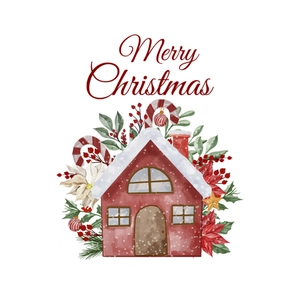Watercolor Christmas house wall sticker with snow, candy canes and red berries on white