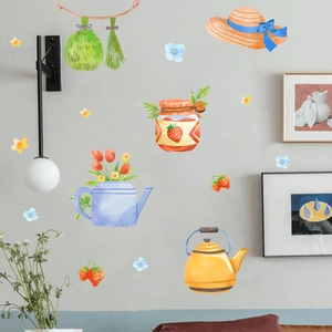Watercolour floral wall stickers featuring kettle, teapot and herbs for home decoration