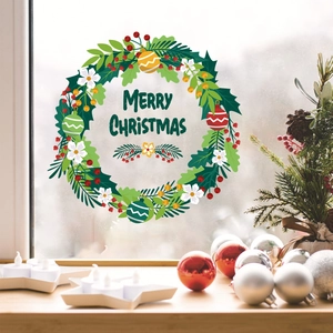 Christmas wreath window sticker with Merry Christmas text on glass for home holiday decor