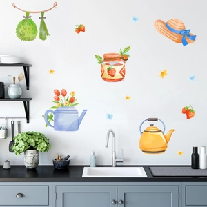Watercolour kitchen wall stickers with floral kettle and strawberry jam jar set