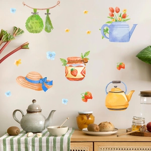 Watercolour kitchen wall stickers with teapot, watering can and floral garden motifs