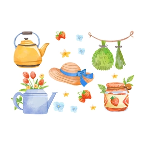 Watercolour kitchen wall stickers featuring yellow teapot and blue watering can with flowers