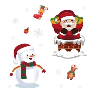 Cartoon Christmas wall stickers set featuring Santa, snowman, and reindeer elements