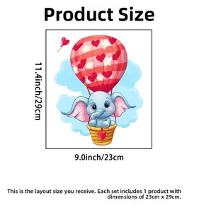 Detailed size specifications for blue elephant and hot air balloon cartoon wall decal