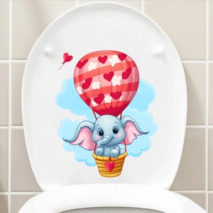 Cartoon blue elephant on hot air balloon wall sticker for bathroom toilet cover decoration