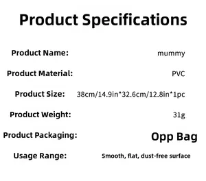 Specifications chart for mummy wall sticker showing PVC material and 38x32.6cm size details