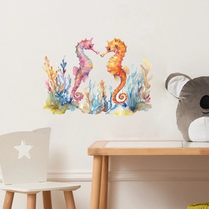 Adesivi murali con cavalluccio marino ad acquerello e coralli per decorare camerette bimbi